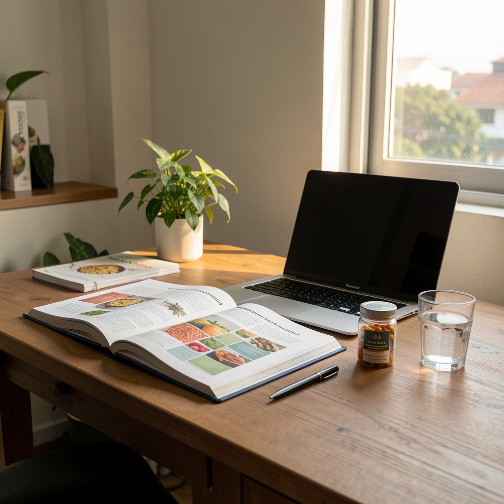 Editorial workspace with a wooden desk, open nutrition reference books, a laptop, and a small supplement container beside a glass of water, morning light through a window, Jakarta interior