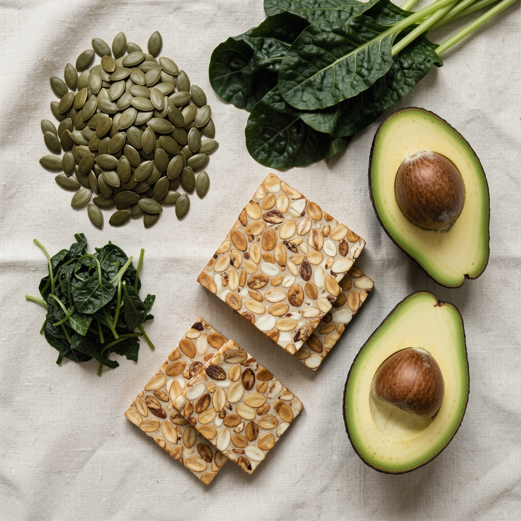 Tropical whole foods and mineral-rich ingredients laid out on pale cloth — pumpkin seeds, dark leafy greens, tempeh slices, and a halved avocado, editorial overhead composition