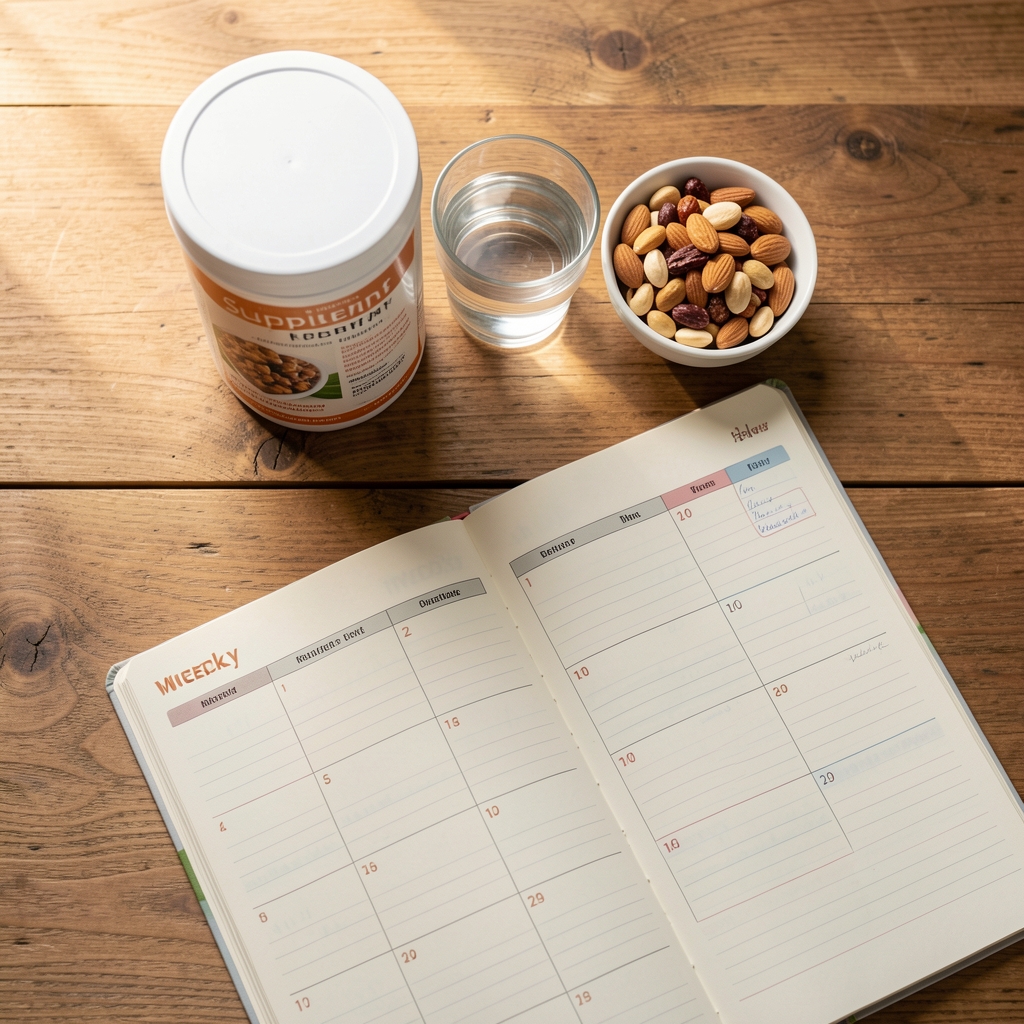 Editorial still life on a wooden surface: a supplement container, a glass of water, a small bowl of mixed nuts, and an open weekly planner, warm natural light, overhead composition