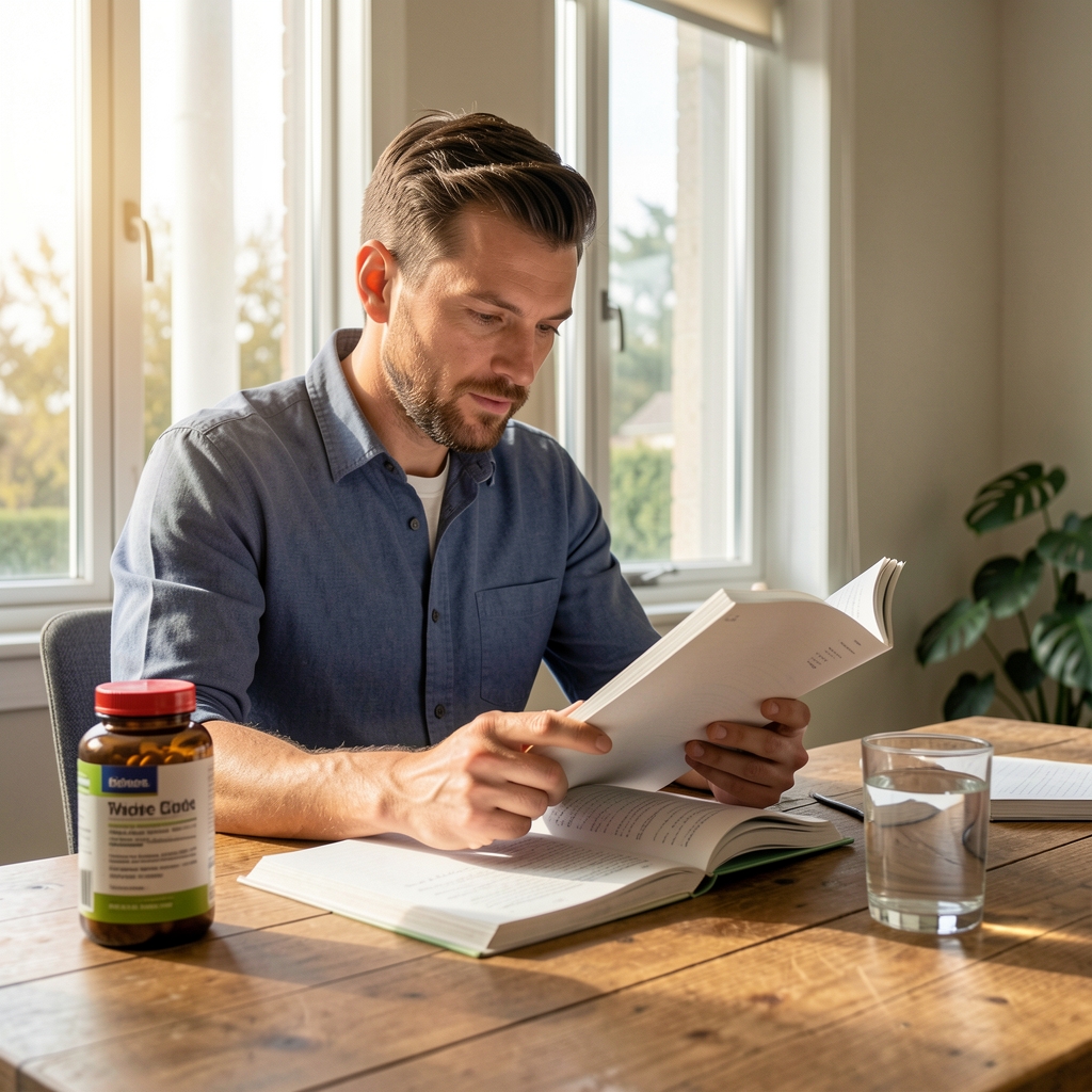 Man reviewing a nutrition journal at a wooden desk, morning light through tall windows, supplement container and glass of water nearby, editorial composition
