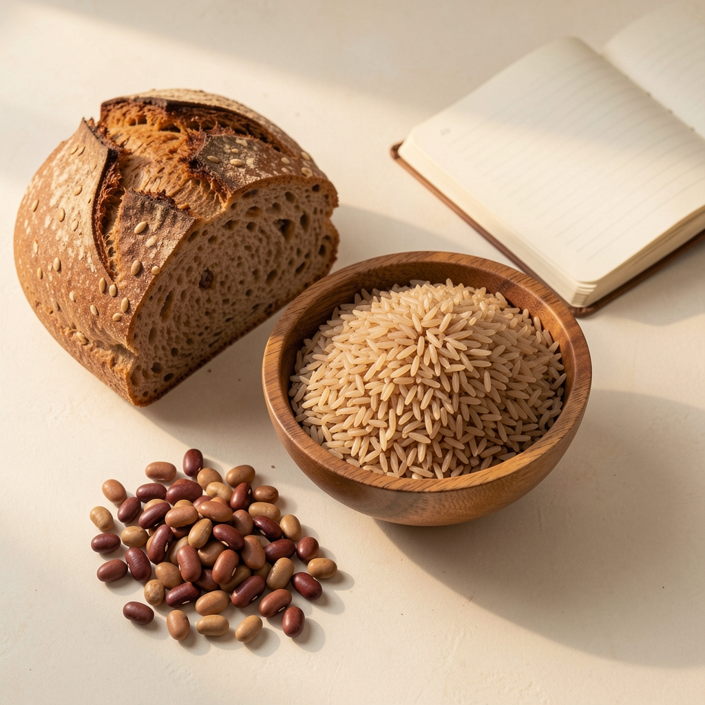 Whole grain bread, brown rice in a wooden bowl, and legumes on pale surface with a small open notebook, editorial flat lay with warm natural light from the side