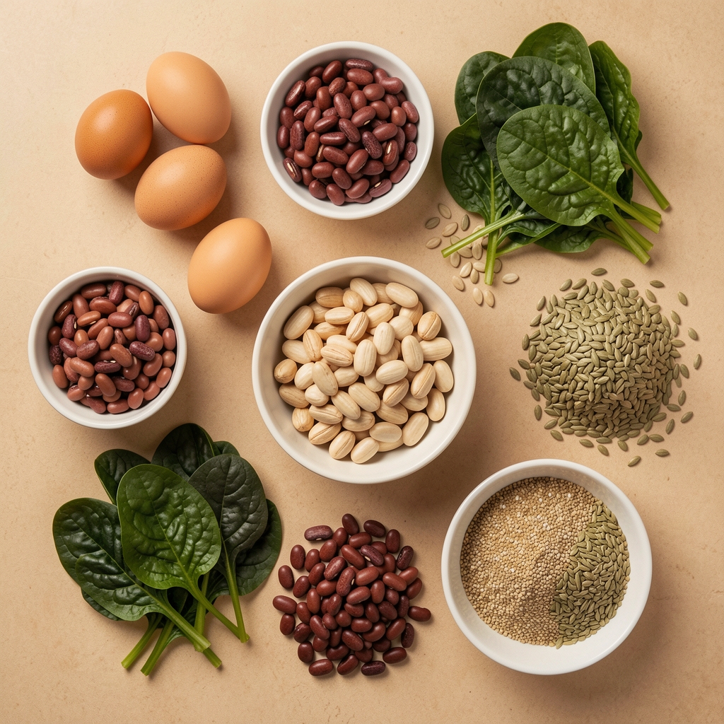 Colourful whole foods flat lay including eggs, dark leafy greens, legumes, and seeds arranged on a neutral warm surface, editorial overhead photograph