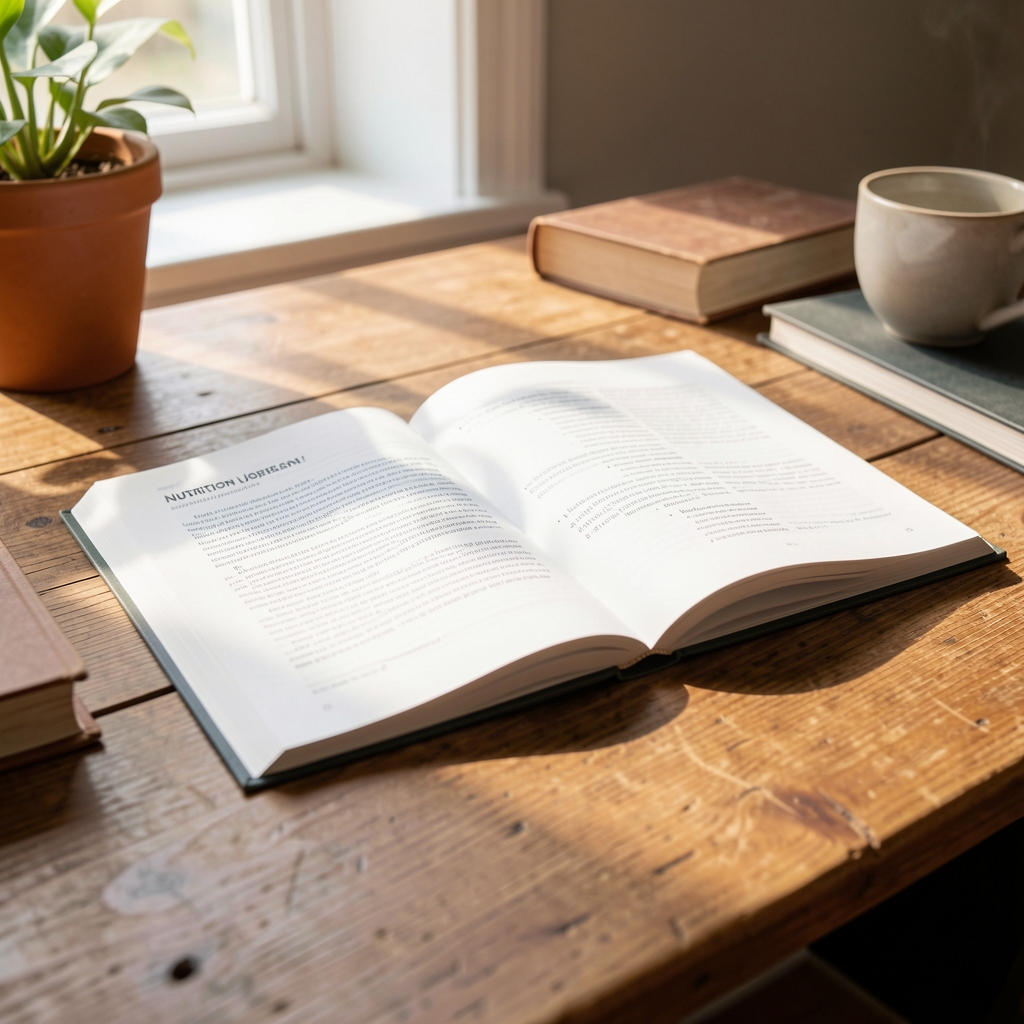 Open nutrition journal on a wooden desk with morning light filtering through, editorial composition